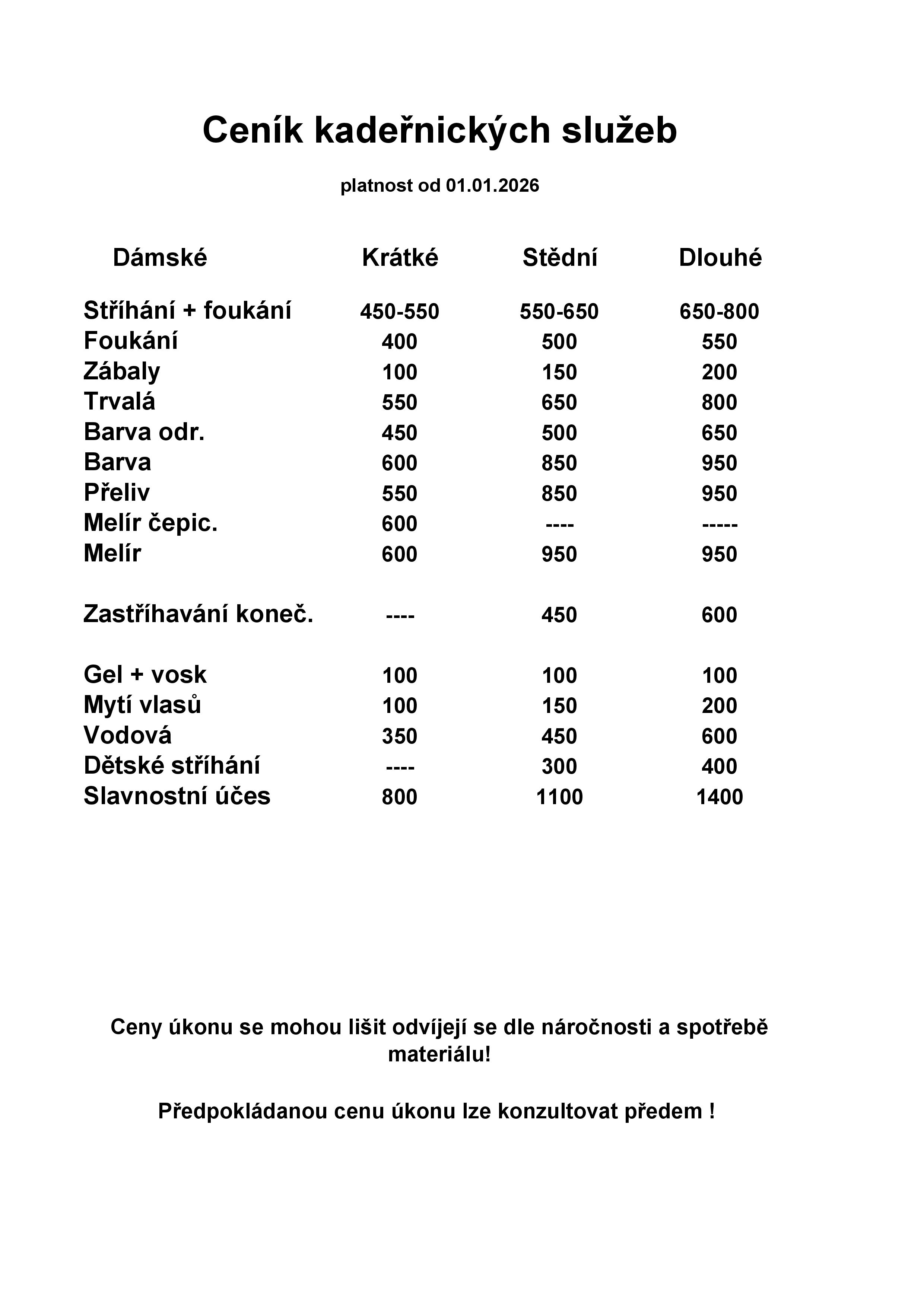 Ceník kadeřnických služeb - Dámské